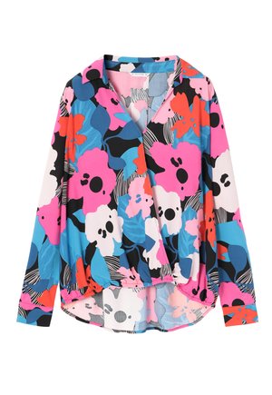 Blouse à longues manches colorée dotée d'un motif floral en rose, bleu, orange et noir, avec un design enroulé et un ourlet arrondi. Tissu léger.