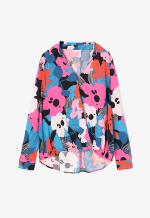 Farverig langærmet bluse med blomsterprint i pink, blå, orange og sort med en omslagdesign og buet kant. Letvægtsstof.