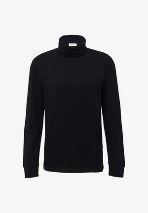 Zwart langemouwen turtleneck shirt van zachte katoen. Heeft een aansluitende pasvorm, een opgevouwen kraag en manchet mouwen. Glad oppervlak over de hele lengte.