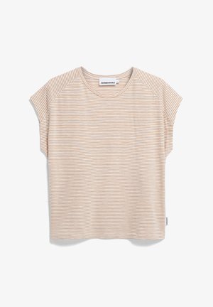 Gestreiftes Kurzarm-T-Shirt in Off-White und Hellpfirsich. Mit Rundhalsausschnitt und lockerer Passform mit RaglanÄrmeln. Weiche Stofftexture.