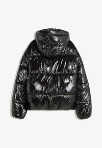 Black puffer jacket featuring a glossy finish, hood, elastic cuffs, and horizontal quilted pattern. Soft texture and oversized shape.