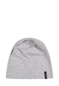 Gray knit beanie hat made from soft fabric, featuring a slight slouch design and a small black label on the side. Smooth texture.