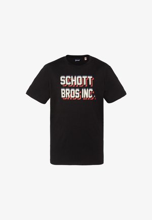T-shirt noir à manches courtes avec le texte "SCHOTT BROS INC." en blanc avec ombre rouge sur la poitrine.