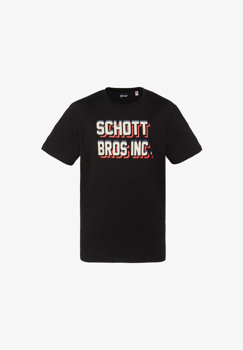 T-shirt noir à manches courtes avec le texte "SCHOTT BROS INC." en blanc avec ombre rouge sur la poitrine.