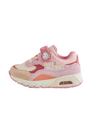 Kinderrosa und beige Sneaker mit Cartoon-Tiermustern, Klettverschluss und gepolsterter Sohle, die für Komfort und Unterstützung entwickelt wurden.