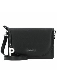 Borsa a tracolla in pelle nera con finitura testurizzata. Presenta una chiusura a pattina, hardware in argento e una tracolla staccabile. Logo ben visibile.