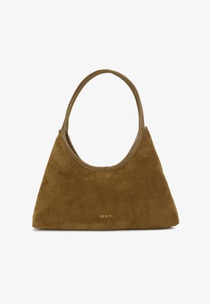 Brown suede shoulder bag with a smooth leather trim and a rounded top. Features a subtle metallic logo on the front.