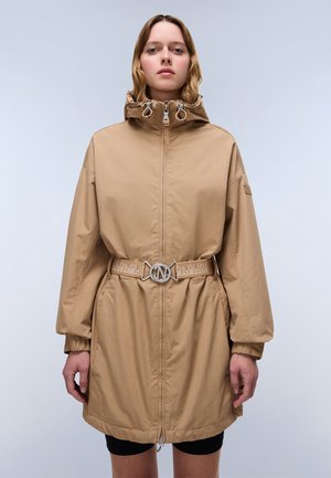 Light brown waterproof jacket with a high collar, zip closure, cinched waist, and logo belt. Features elastic cuffs and side pockets.
