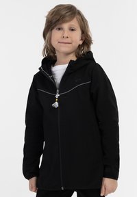 Juodas zip-up džemperis su kapišonu, pilkais akcentais, priekinėmis kišenėmis ir dekoratyviu užtrauktuku su kutais. Pagamintas iš minkštos medžiagos.