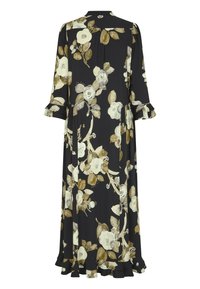 Garš melns kleita ar ziedu rakstu krēmkrāsā un olīvzaļā tonī. Tai ir apkakles apkakle, izplesti piedurknes un volānu apakša.