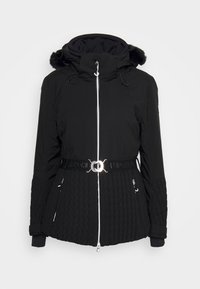 Black insulated jacket with a zip closure, fur-lined hood, and a textured lower section. Features a belted waist and zippered pockets.