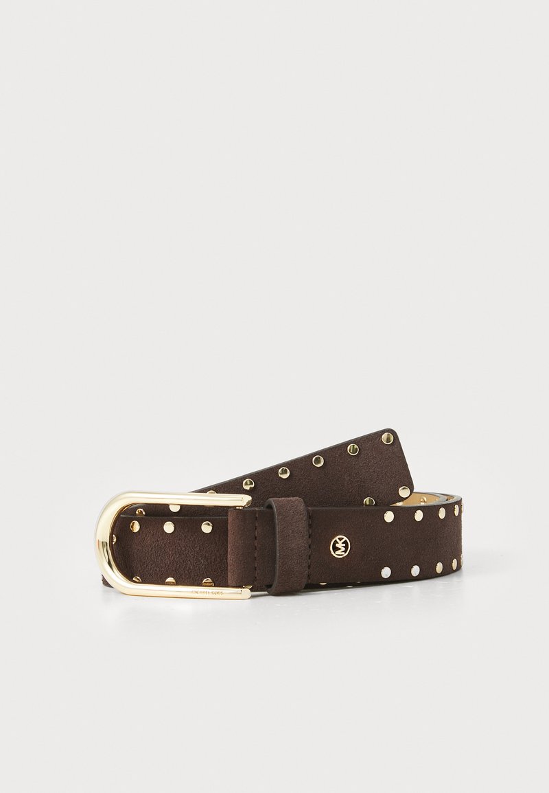 Brown suede belt with gold-tone buckle and metal studs, featuring a smooth texture and a tapered end, suitable for various sizes.