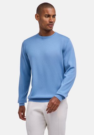 Mann trägt hellblauen Rundhalspullover und weiße Hose, schaut nach unten und zur Seite vor einem einfarbigen Hintergrund.