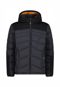 Polstret jakke med en sort yderside, orange inderside, lynlås og hætte. Har kviltet chevronmønster og sidelommer.