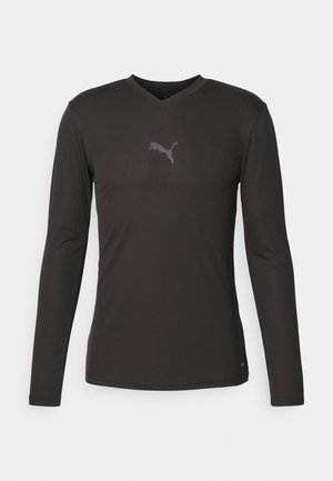 Langærmet sort skjorte lavet af et glat stof, med V-hals og et subtilt Puma-logo i en lysere nuance. Sømløst design, tætsiddende pasform.