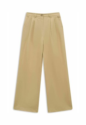 Beige weit geschnittene Hosen mit Falten, Gürtelschlaufen, vorderer Knopfleiste, Reißverschluss und Seitentaschen.