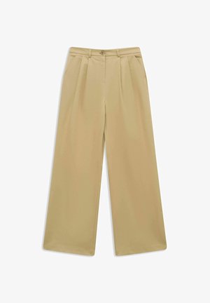 Beige wide-leg trousers with pleats, belt loops, front button, zip closure, and side pockets.