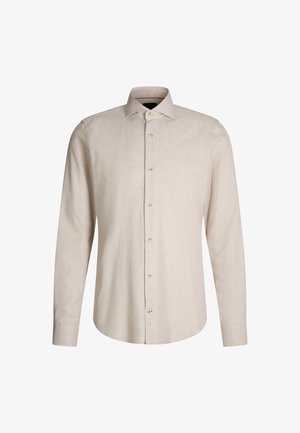 Beżowa męska koszula formalna z długim rękawem, z button-up z przodu i klasycznym kołnierzykiem, wykonana z lekkiej materiału o teksturowanej strukturze.