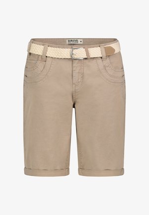 Beige knee-length shorts with cuffed hems, front and side pockets, and a braided off-white belt with silver buckle.