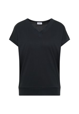Sort kortærmet V-hals skjorte med opbukket ærmer og ribkant forneden, mærket "CECIL" inde i kraven.