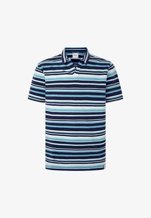 Tamsiai mėlyna polo marškinėliai su horizontaliomis juostelėmis įvairiomis mėlynos ir baltos spalvos atspalviais. Yra su dviem mygtukais apykakle ir trumpomis rankovėmis.