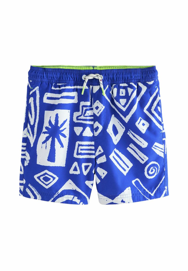 Blå svøm shorts med hvide abstrakte mønstre og former, med en snøre i taljen og grøn inderside. Lavet af letvægtsmateriale.