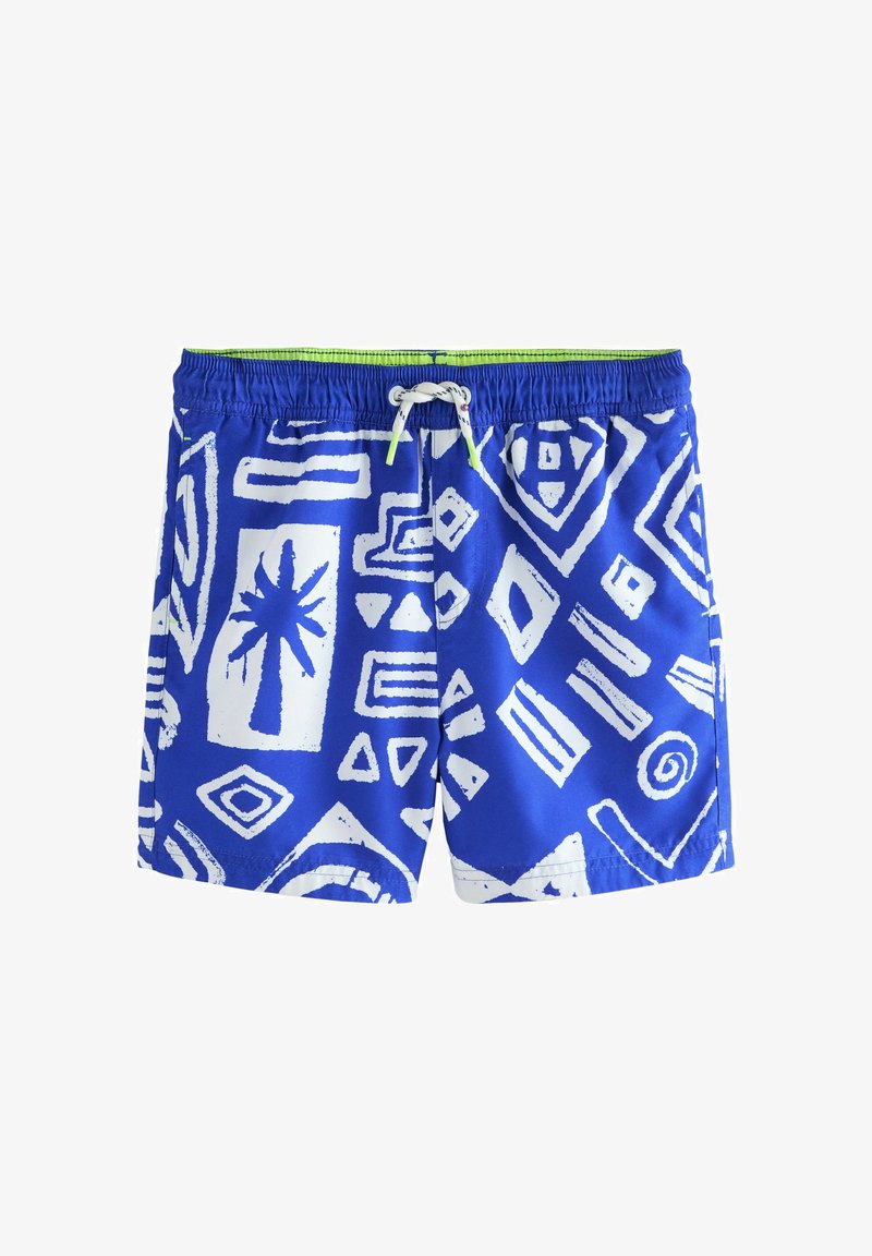 Blå svøm shorts med hvide abstrakte mønstre og former, med en snøre i taljen og grøn inderside. Lavet af letvægtsmateriale.