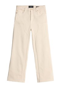 Jeans larges beiges en denim, dotés de poches avant avec des coutures courbes, d'une fermeture par bouton et zip, et d'une taille structurée.