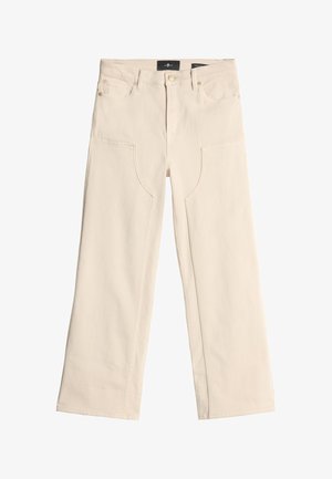 Beige brede bukser i denim med frontlommer med buede sømme, en knap- og lynlåslukning samt en struktureret talje.