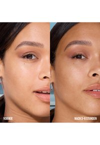 Close-up comparison of a woman's face before and 3-6 hours after applying makeup, showing subtle skin tone and texture changes.