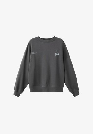 Šedá mikina s volnějším střihem, žebrovaným výstřihem a malou grafikou třešně na levé části hrudi. Text zní "Lit a legendární."