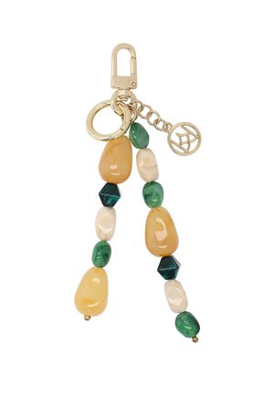 Llavero con dos cadenas colgantes de cuentas pulidas multicolores en verde, crema, verde azulado oscuro y ámbar, adheridas a un anillo y un broche dorados.