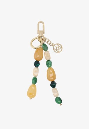 Kľúčenka s dvoma visiaci šnúrami leštených viacfarebných korálikov v zelenej, krémovej, tmavozelenej a jantárovej farbe, pripevnená k zlatému krúžku a karabíne.