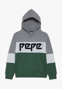 Felpa con cappuccio grigia, bianca e verde. Presenta una tasca frontale, polsini a coste e il nome del marchio "Pepe Jeans" in nero sulla parte anteriore.