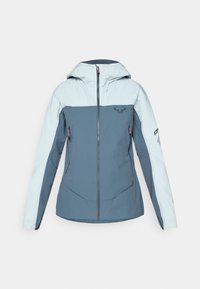 Hooded jacket met een blauw en lichtblauw colorblock ontwerp, voorzien van een volledige rits, twee ritssluitingen op de zakken en een logo op de borst.