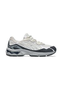 White and gray Asics running shoe with mesh and suede upper, cushioned sole, and black outsole shown from the side on a white background.