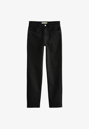 Sorte denimjeans med lige ben-design, fem-lomme stil og klassisk knaplukning. Funktioner inkluderer diskret syning og en glat tekstur.