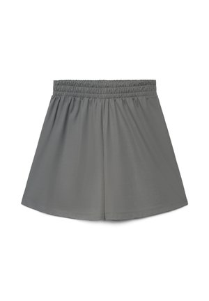 Shorts gris à coupe ample avec taille élastique, tissu lisse et larges ouvertures aux jambes, présentés à plat sur un fond blanc.
