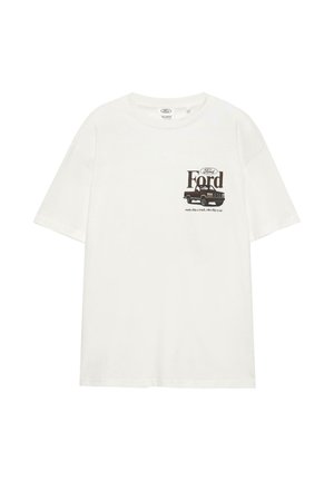 Weißes Baumwoll-T-Shirt mit einer Grafik eines Vintage-Ford-Trucks, dem Schriftzug "Ford" und dem Satz "arbeitet wie ein Lastwagen, fährt wie ein Auto."