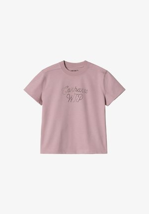 Pink cotton t-shirt with short sleeves and a round neckline. Features a metallic script logo "Carhartt WIP" on the front.