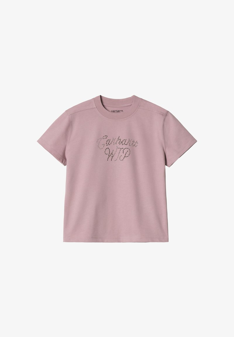 Camiseta de algodón rosa con mangas cortas y escote redondo. Presenta un logotipo metálico en script "Carhartt WIP" en la parte frontal.