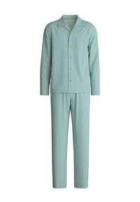 Gestreepte katoenen pyjamaset bestaande uit een knoopsluiting bovenstuk met een zak en lange broek. De kleuren zijn lichtblauw met donkerblauwe strepen.