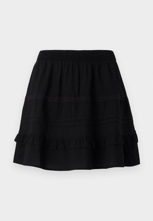 Must mustriba mustriba krooge tiered ruffle disainiga, millel on elastne vöökoht ja kontrastsete õmbluste ning pitsiribade kaunistused.