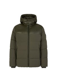 Olivgrüne Daunenjacke mit Kapuze, ausgestattet mit einer gesteppten Textur, Knopfverschluss, seitlichen Taschen und elastischen Bündchen für zusätzliche Wärme.