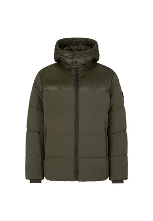 Olive green puffer jacket with a hood, featuring quilted texture, buttoned closure, side pockets, and elastic cuffs for warmth.