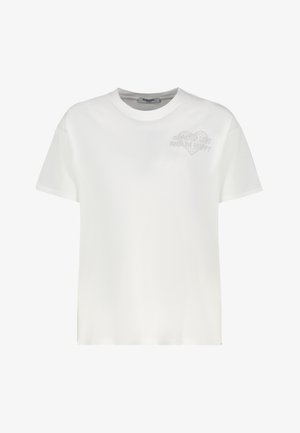 White short-sleeve t-shirt made of cotton. Features a subtle grey heart graphic with text on the left chest area. Classic crew neckline.