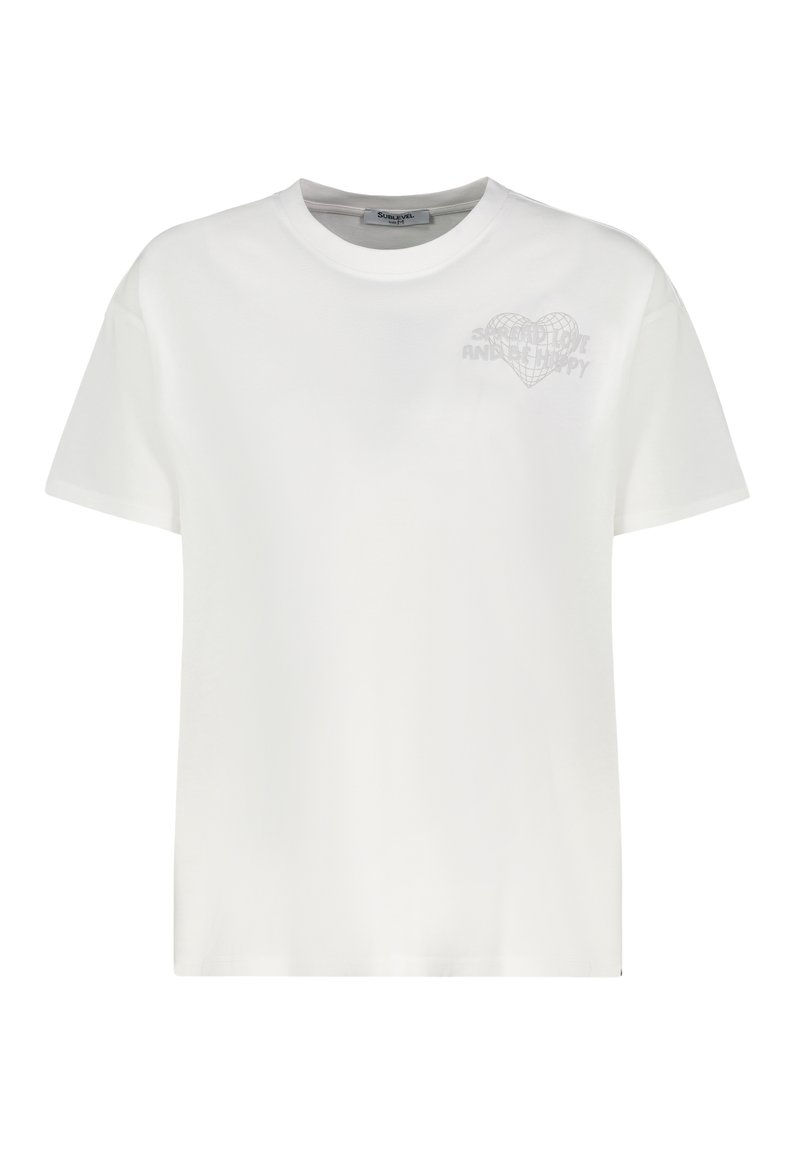 White short-sleeve t-shirt made of cotton. Features a subtle grey heart graphic with text on the left chest area. Classic crew neckline.