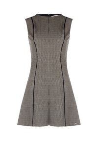 Abito in bianco e nero a motivo houndstooth con design senza maniche, scollatura tonda, corpetto aderente e gonna svasata. Presenta cuciture a contrasto.