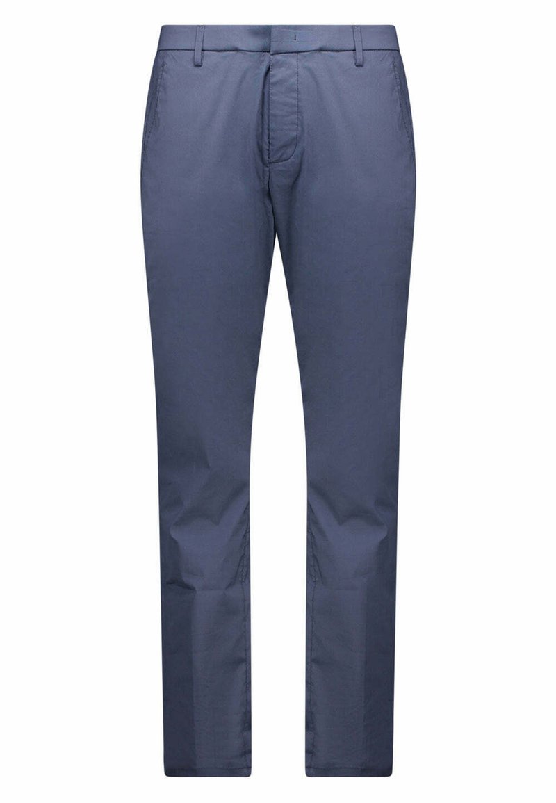 Pantaloni di cotone blu navy con design a gamba dritta, vita piatta e due tasche laterali. Tessuto leggero con una consistenza liscia.