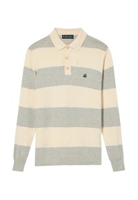 Polo s dlouhým rukávem s krémovým a světle šedým pruhovaným vzorem. Obsahuje límcový výstřih, tři knoflíky a malé logo na hrudi.